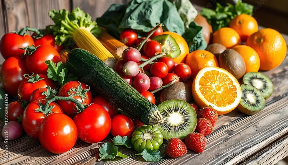 A colorful display of fresh produce including tomatoes, zucchini, kiwi, oranges, and strawberries on a wooden surface A colorful display of fresh produce including tomatoes, zucchini, kiwi, oranges, and strawberries on a wooden surface
