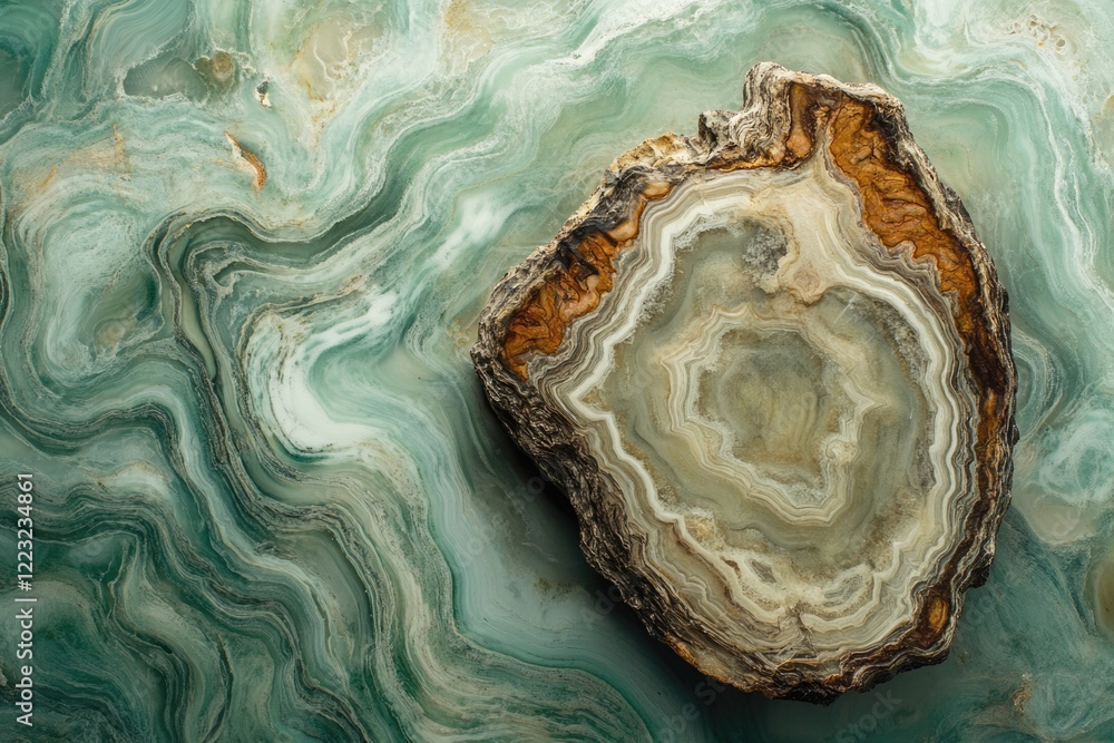 Obraz premium A mesmerizing agate slice with concentric bands of beige, brown, and white rests on a swirling teal onyx background.