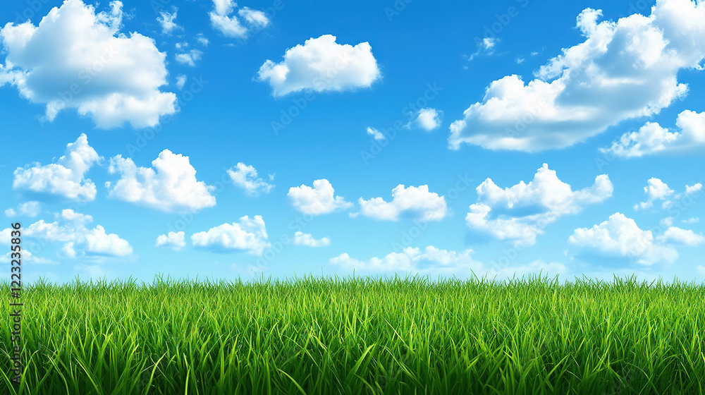 Green grassy field under a bright blue sky with fluffy white clouds Green grassy field under a bright blue sky with fluffy white clouds