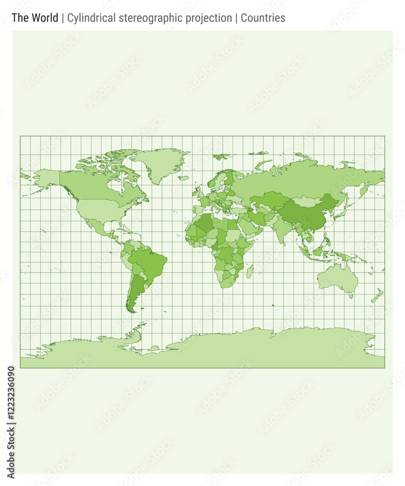 World Map. Cylindrical stereographic projection. Countries style. High detail world map for infographics, education, reports, and presentations. Vector illustration. World Map. Cylindrical stereographic projection. Countries style. High detail world map for infographics, education, reports, and presentations. Vector illustration.