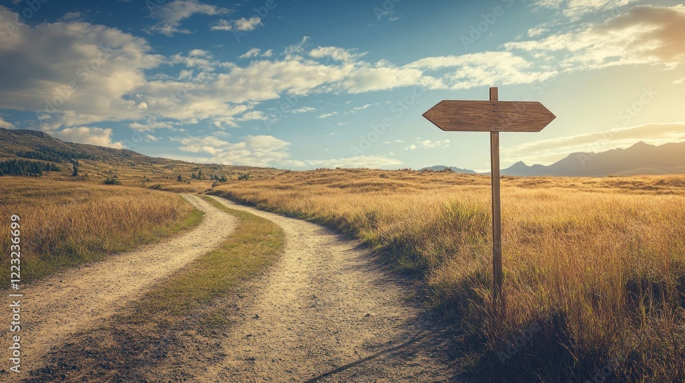 A Rustic Wooden Signpost Guiding the Way on a Winding Country Road Through Golden Fields and Mountains Under a Sunny Sky A Rustic Wooden Signpost Guiding the Way on a Winding Country Road Through Golden Fields and Mountains Under a Sunny Sky