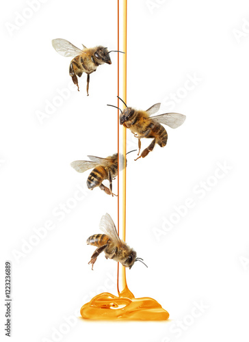 Honey flow with flying bees close up isolated on a white background photo