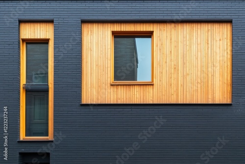 Contemporary architecture that showcases a striking contrast between warm wooden elements and sleek black brick surfaces  situated in a vibrant urban environment