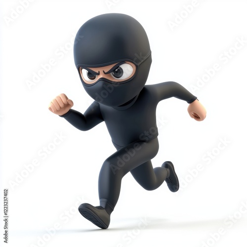 3D icon cartoon of a masked burglar sneaking on tiptoes, isolated on a white background photo