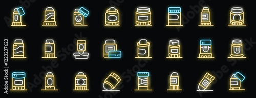 Bright neon outlines showcasing diverse deodorant designs on a black background