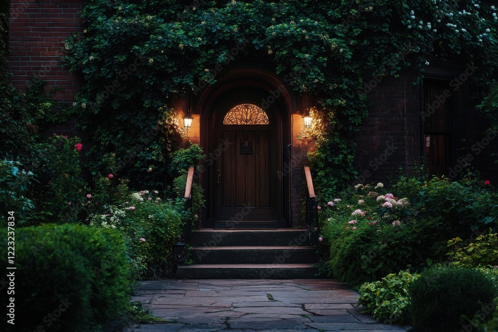 Fototapeta premium Charming evening entrance to a cozy home adorned with lush greenery and glowing lights, capturing the essence of tranquility and warmth in a tranquil neighborhood setting
