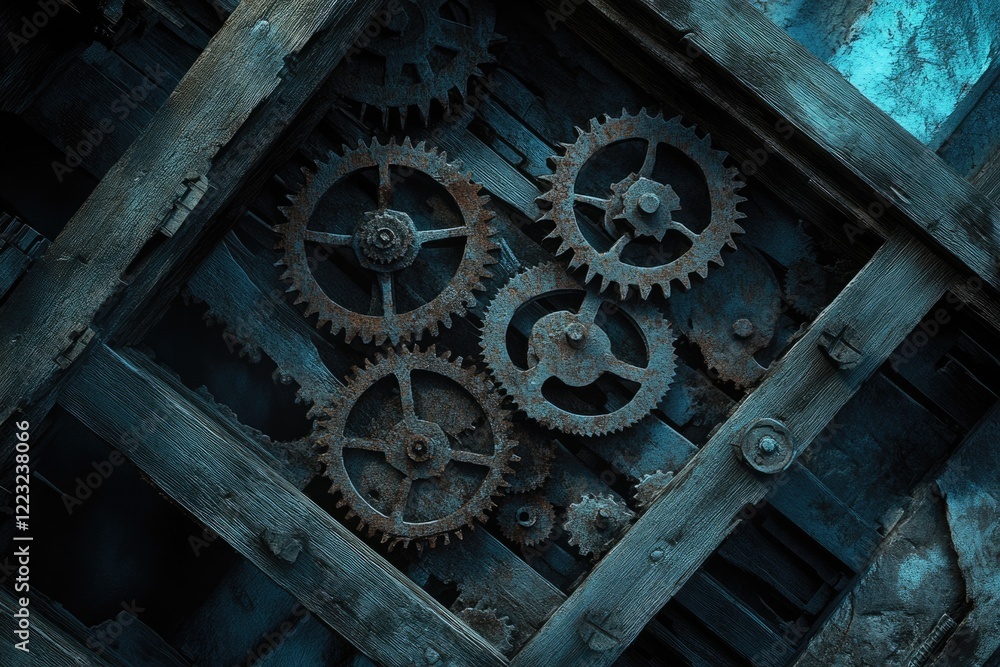 Rustic, aged metallic gears interlocked on weathered wooden planks, steampunk aesthetic. Rustic, aged metallic gears interlocked on weathered wooden planks, steampunk aesthetic.