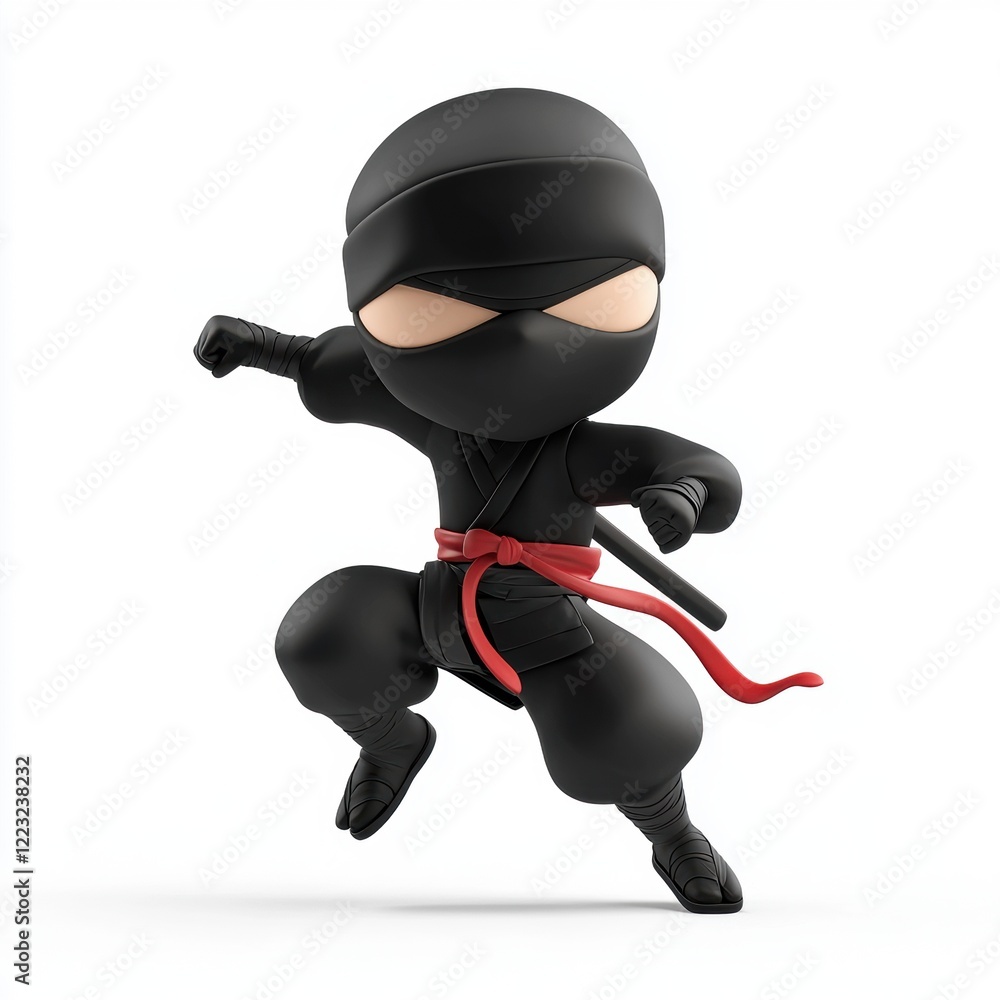 3D icon cartoon of a ninja performing a high jump kick, isolated on a white background 3D icon cartoon of a ninja performing a high jump kick, isolated on a white background