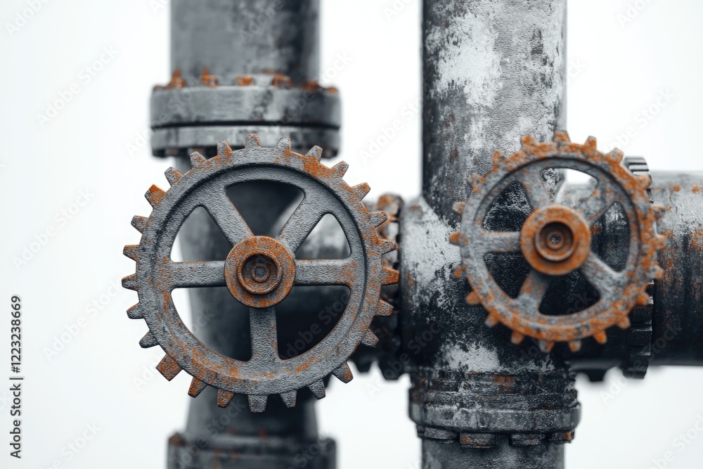 Rusty gears interlocked on weathered industrial pipes, showcasing intricate detail and texture. Rusty gears interlocked on weathered industrial pipes, showcasing intricate detail and texture.