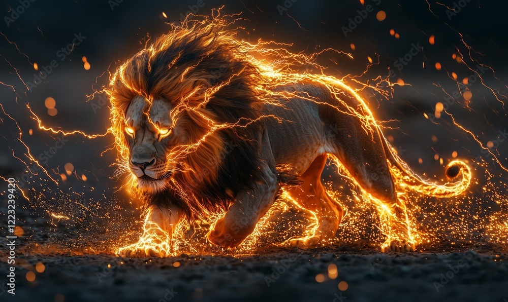 Powerful Lion Surrounded by Dynamic Lightning Effects in Nature Powerful Lion Surrounded by Dynamic Lightning Effects in Nature