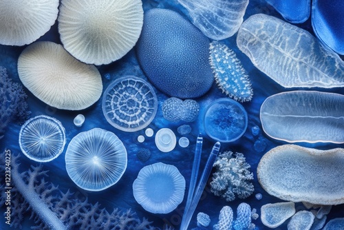 Microscopic diatoms and radiolarians arranged artistically on a blue background, showcasing intricate details and textures.
