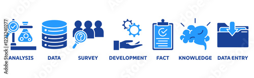 Research icon set illustration concept with icon of analysis, data, survey, development, fact, knowledge, data entry 