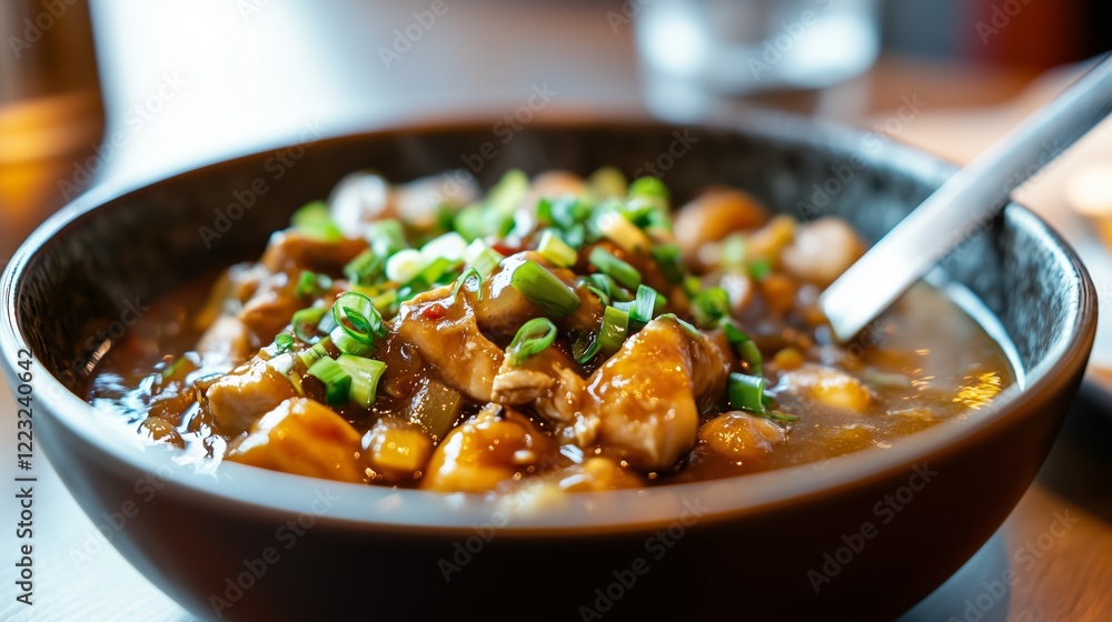 Chili-flavored sweet and sour chicken in a bowl garnished with green onions and a spoon. Chili-flavored sweet and sour chicken in a bowl garnished with green onions and a spoon.