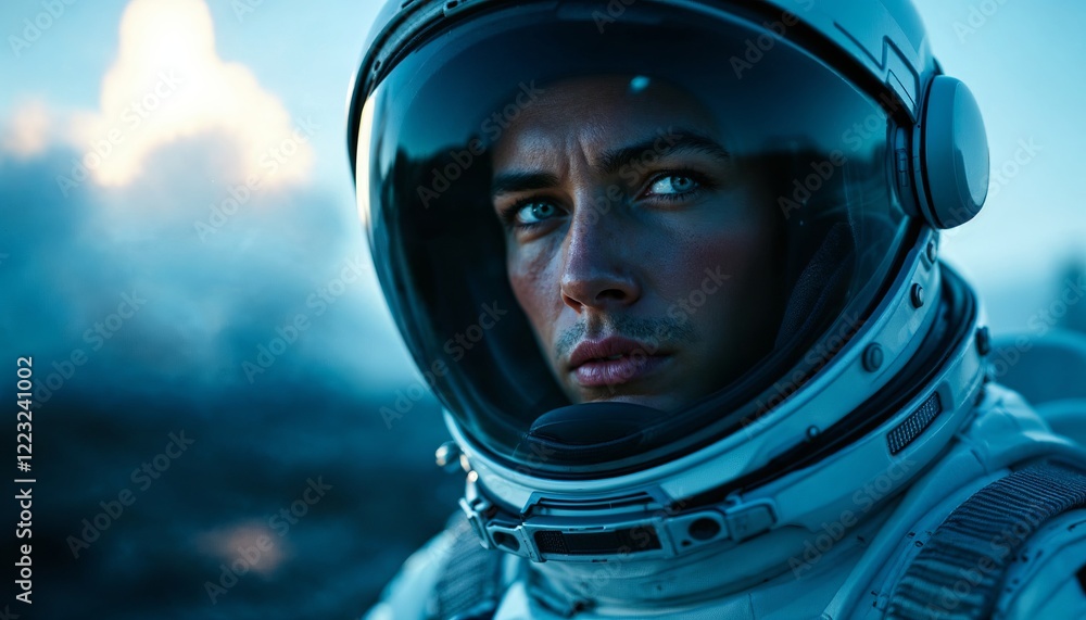 Astronaut close-up, determined gaze, helmet, rocket launch behind, muted blues, cinematic lighting, ultra-detailed, futuristic suit, lens flare, space exploration theme Astronaut close-up, determined gaze, helmet, rocket launch behind, muted blues, cinematic lighting, ultra-detailed, futuristic suit, lens flare, space exploration theme