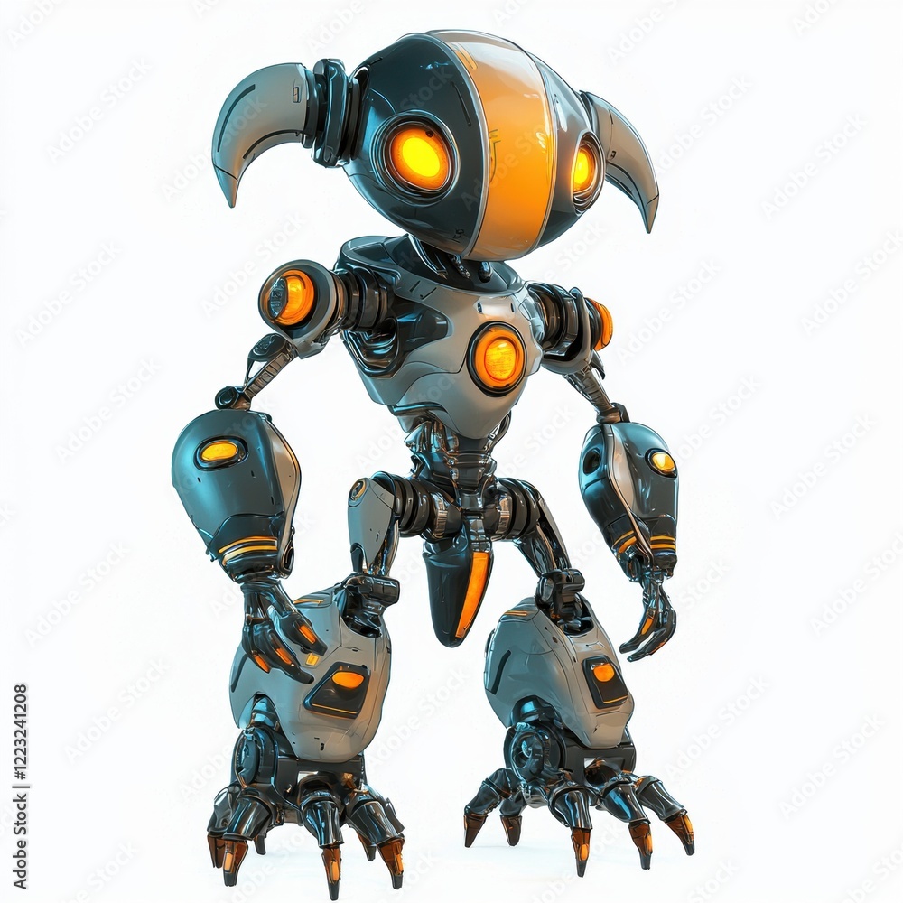 3D icon cartoon of a robot-like alien with glowing parts, isolated on a white background 3D icon cartoon of a robot-like alien with glowing parts, isolated on a white background