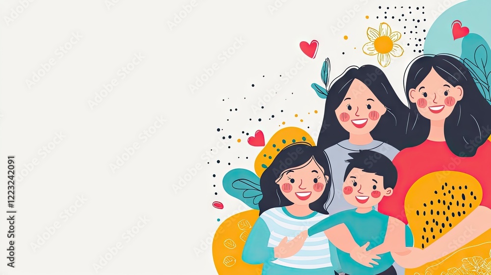 Happy family portrait, mother's day celebration, floral background, website banner Happy family portrait, mother's day celebration, floral background, website banner