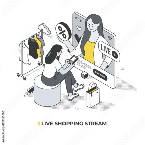 Isometric illustration of live shopping streaming, showing woman shopping while watching live broadcast. The screen displays streamer with product offers and buy now button, clothing in background