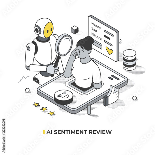 Isometric illustration of AI sentiment review, showing robot using magnifying glass to analyze person’s emotions. The person’s facial expression assessed using a rating system: Happy, Sad, Neutral