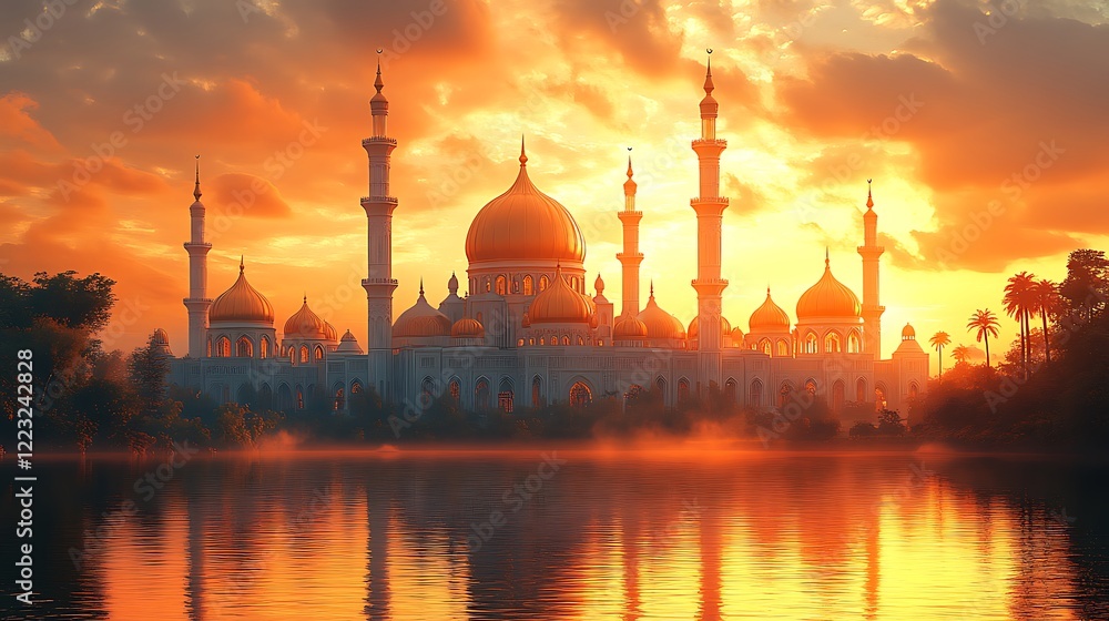 Fototapeta premium Sunset Behind a Mosque with Minarets Reflected in Tranquil Water