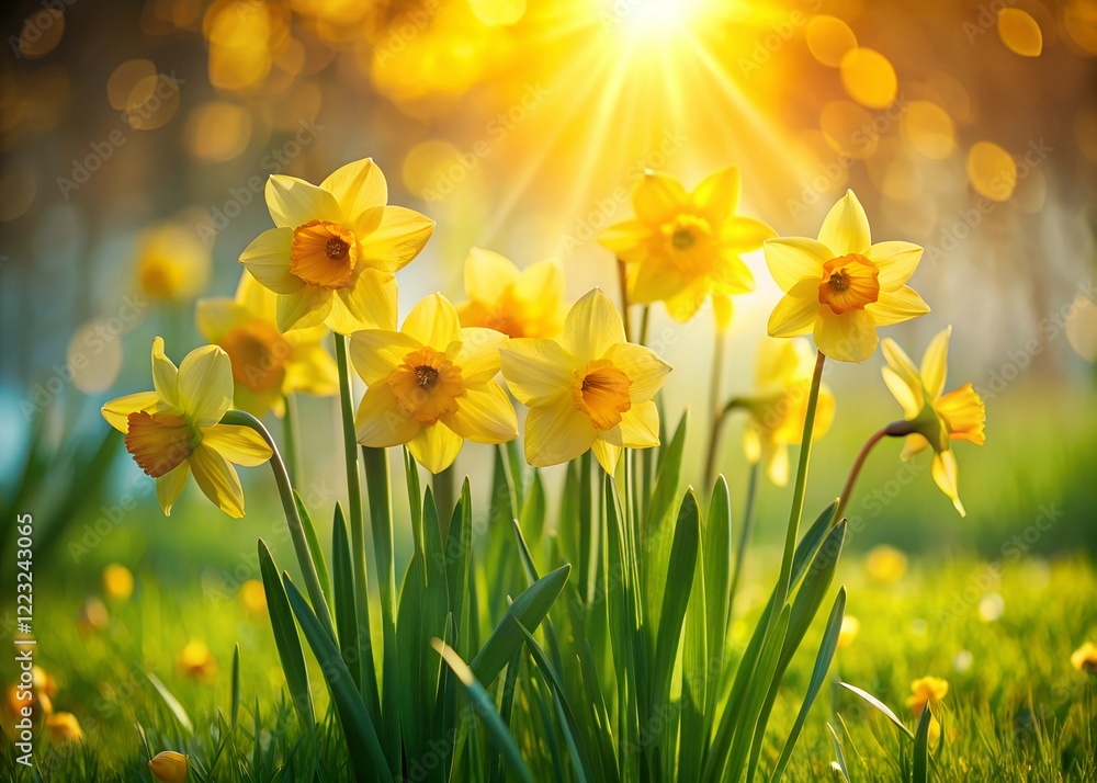 Obraz premium Radiant bloom vibrant daffodils bathed in sunlit glow image.