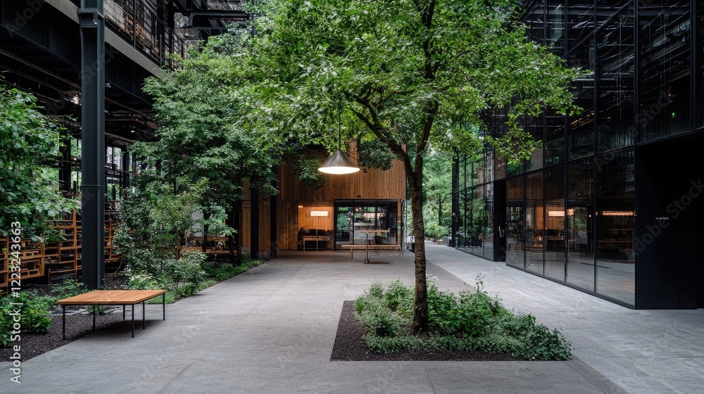 Tranquil indoor courtyard garden, modern building, plants, peaceful atmosphere, workspace background, ideal for architecture or design publications Tranquil indoor courtyard garden, modern building, plants, peaceful atmosphere, workspace background, ideal for architecture or design publications