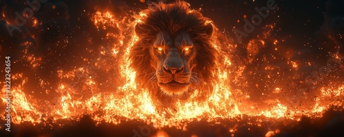 Majestic Lion Surrounded by Fiery Flames and Glowing Embers