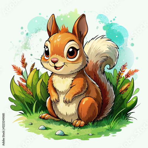 Vector illustration of a baby squirrel on the grass on white background - Generative AI
