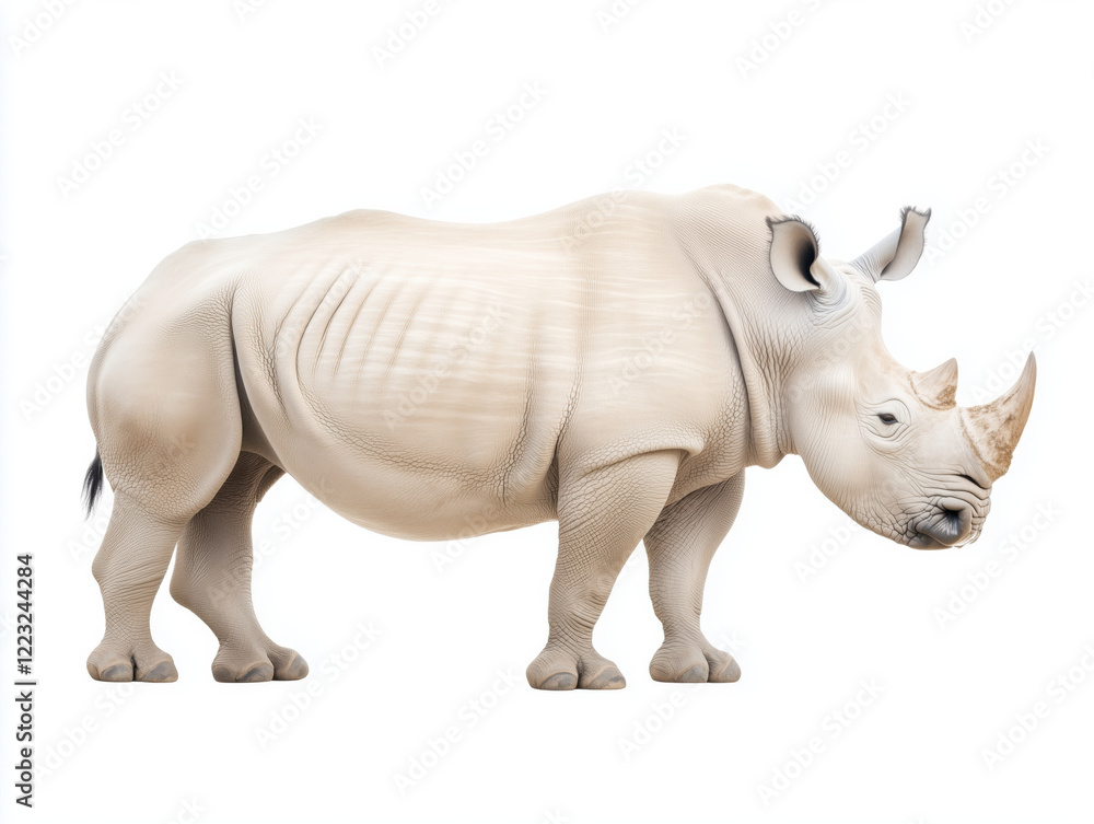 Fototapeta premium A majestic adult white rhinoceros stands proudly facing forward, displaying its remarkable size and powerful build.