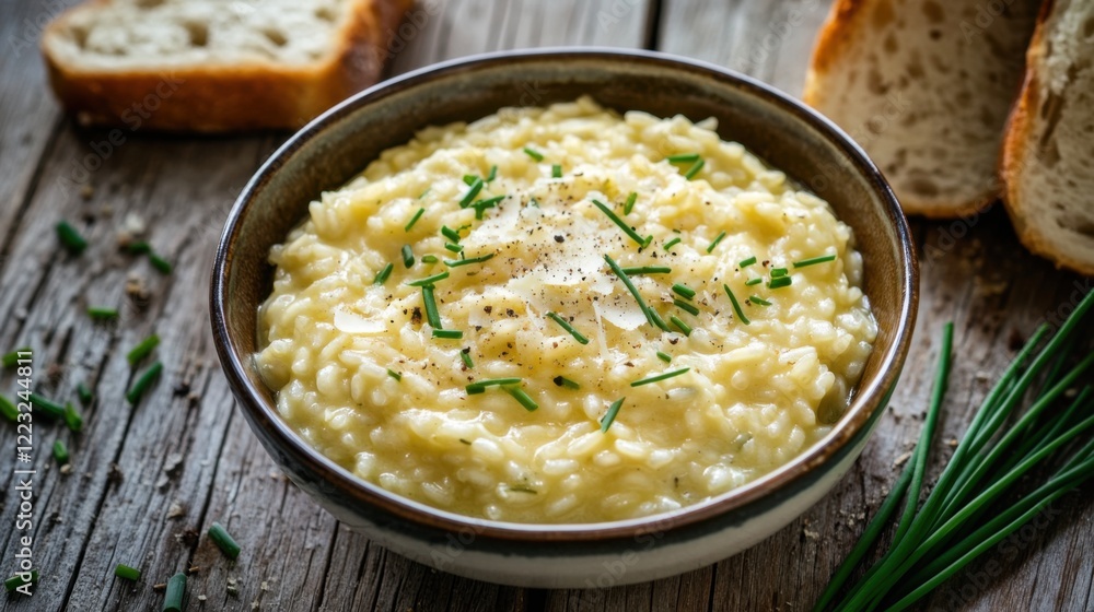 A classic bowl of creamy risotto with saffron and Parmesan cheese, garnished with fresh herbs and served with a side of garlic bread, Risotto bowl centered A classic bowl of creamy risotto with saffron and Parmesan cheese, garnished with fresh herbs and served with a side of garlic bread, Risotto bowl centered