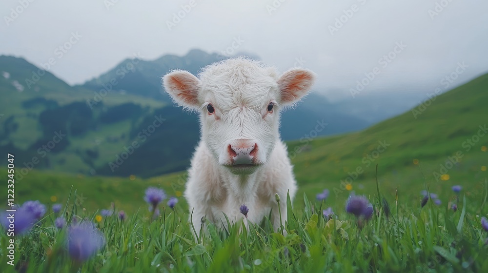 White calf in mountain pasture, wildflowers, idyllic scene, postcard White calf in mountain pasture, wildflowers, idyllic scene, postcard