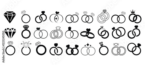 Engagement rings, wedding ring vector set, diamond icon Vector illustration of love and marriage symbols, perfect for wedding invitations, romantic designs, and jewelry branding