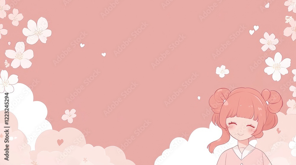 Happy girl, cherry blossoms, pink background, spring scene, social media post Happy girl, cherry blossoms, pink background, spring scene, social media post