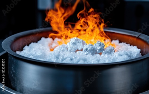 A pot filled with white material and flames rising, indicating a heating process, likely involving melting or cooking. photo