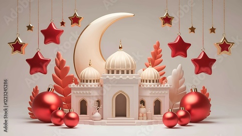 Festive Islamic Mosque with Stars and Crescent Moon photo