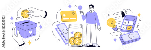 Crowdfunding, investment, fundraising donation set. Characters contribute money for idea, financial support, startup business. Finance outline concept. Vector illustration.