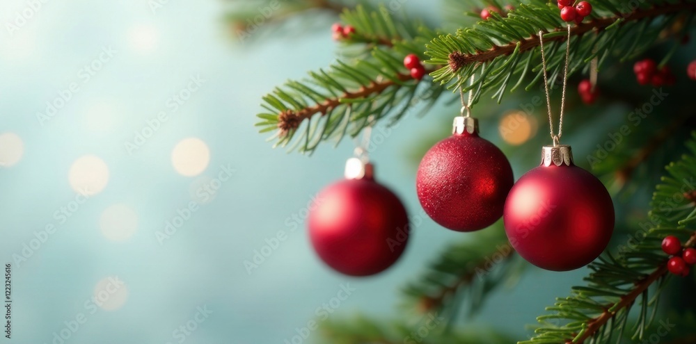 Red and white berries hang from a green evergreen branch with matching ornaments, red, ornaments, festive Red and white berries hang from a green evergreen branch with matching ornaments, red, ornaments, festive