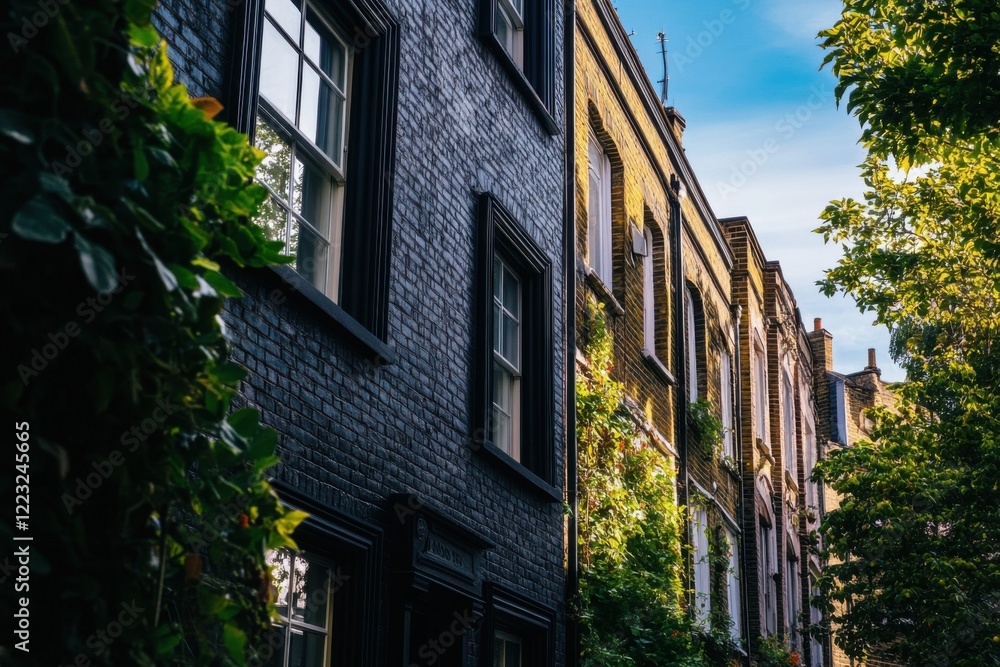 Fototapeta premium Charming narrow street lined with colorful houses surrounded by greenery in a quaint neighborhood basking in golden hour sunlight