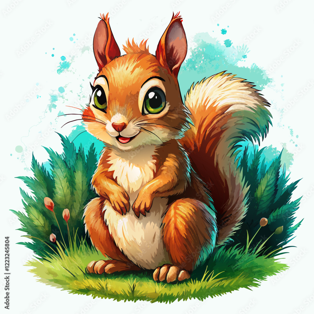 Fototapeta premium Vector illustration of a baby squirrel on the grass on white background - Generative AI 