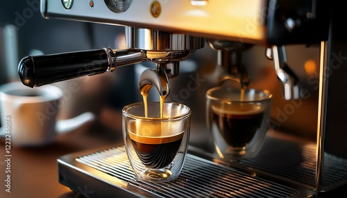 preparation of espresso coffee by using coffee machine photo