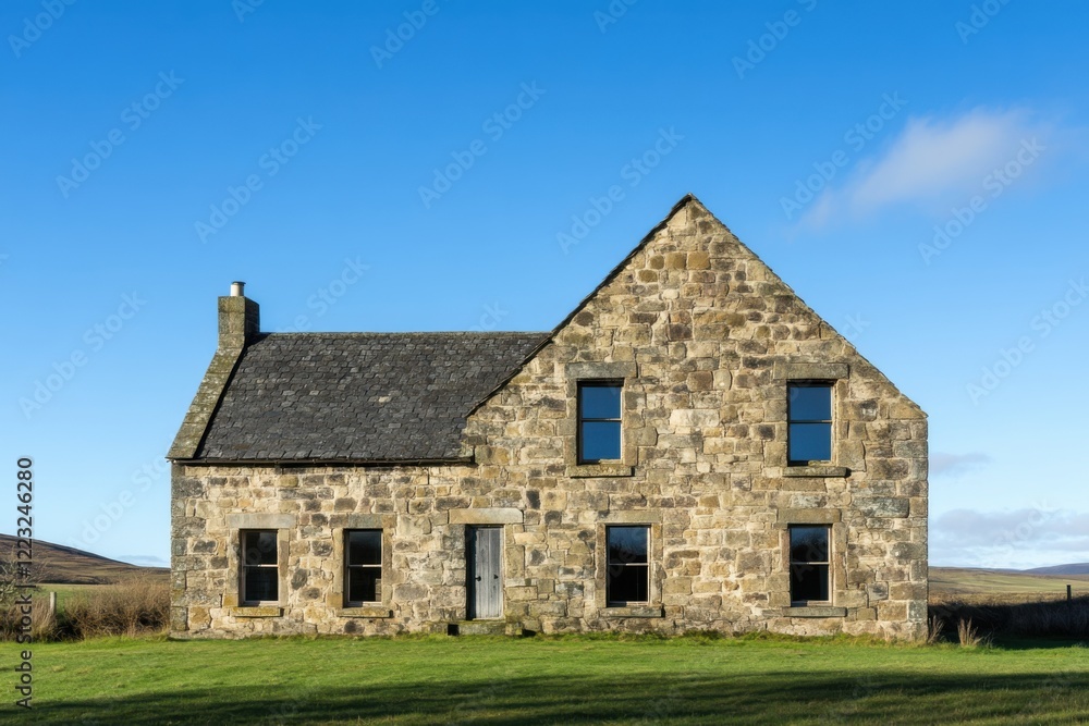 Old stone house stands alone in a grassy field under a bright blue sky during daylight in rural Scotland showcasing traditional architecture Old stone house stands alone in a grassy field under a bright blue sky during daylight in rural Scotland showcasing traditional architecture