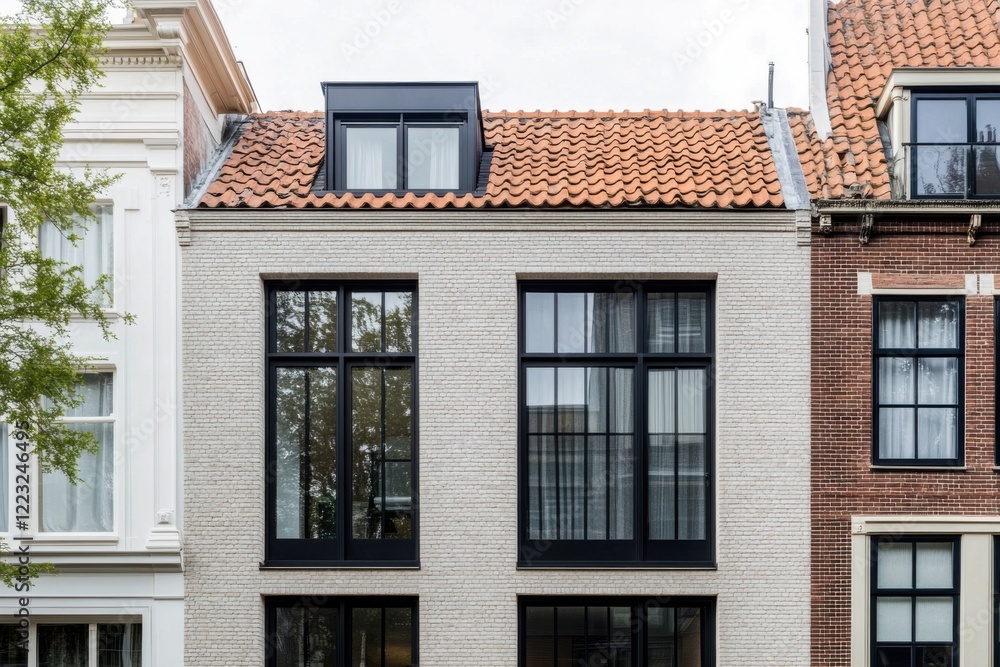 Obraz premium Modern architectural design contrasts with traditional buildings in a European neighborhood showcasing unique window styles and craftsmanship on a sunny day