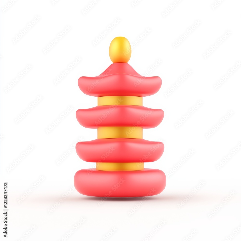 A colorful, stacked toy resembling a pagoda, designed for children's play and learning, featuring red and yellow elements. A colorful, stacked toy resembling a pagoda, designed for children's play and learning, featuring red and yellow elements.