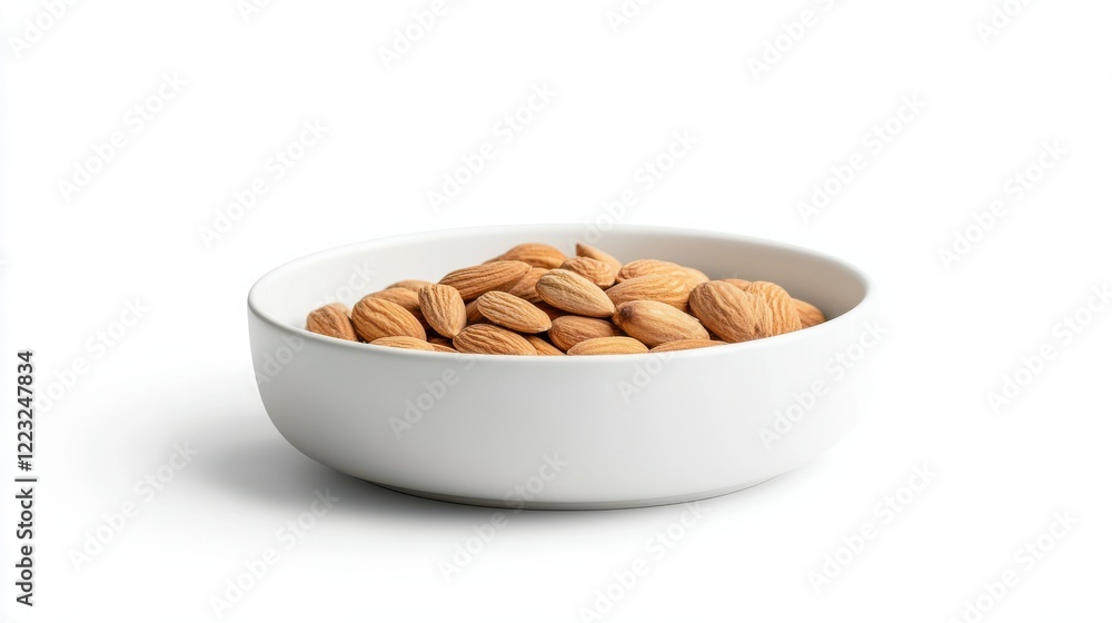 Fresh almonds in white ceramic bowl on clean white background Fresh almonds in white ceramic bowl on clean white background