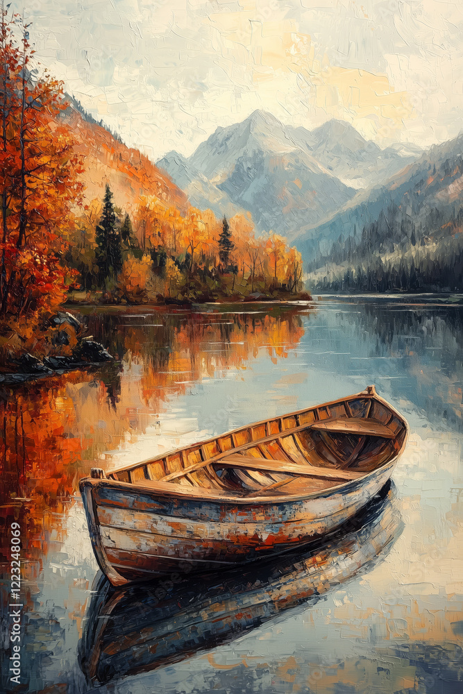 Obraz premium Serene Autumn Landscape with Old Wooden Boat on Calm Water
