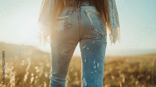 A person's back wearing blue jeans with a tan backdrop and sunny sky outdoors photo