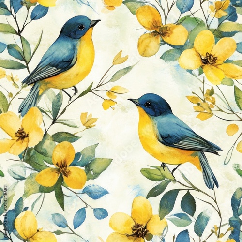 Watercolor birds yellow flowers spring nature seamless pattern design