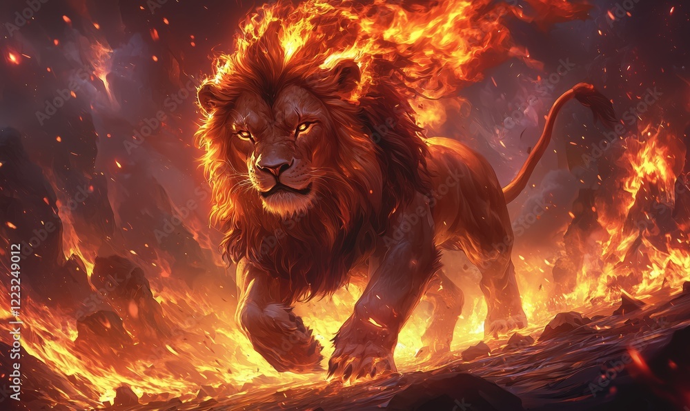 Naklejka premium Fiery Lion Surrounded by Flames in a Dramatic Landscape Scene