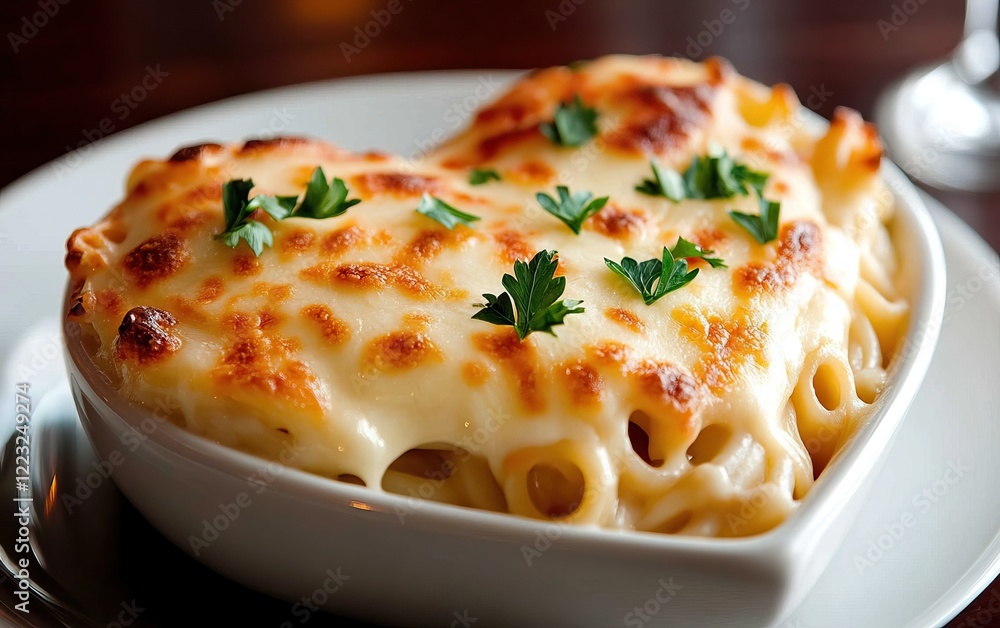 A heart-shaped dish of creamy, cheesy pasta, topped with fresh herbs, exuding warmth and comfort, perfect for food lovers. A heart-shaped dish of creamy, cheesy pasta, topped with fresh herbs, exuding warmth and comfort, perfect for food lovers.