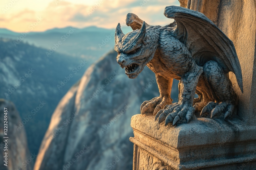 A stone gargoyle statue perched atop a high mountain, overlooking a breathtaking valley at sunset. A stone gargoyle statue perched atop a high mountain, overlooking a breathtaking valley at sunset.