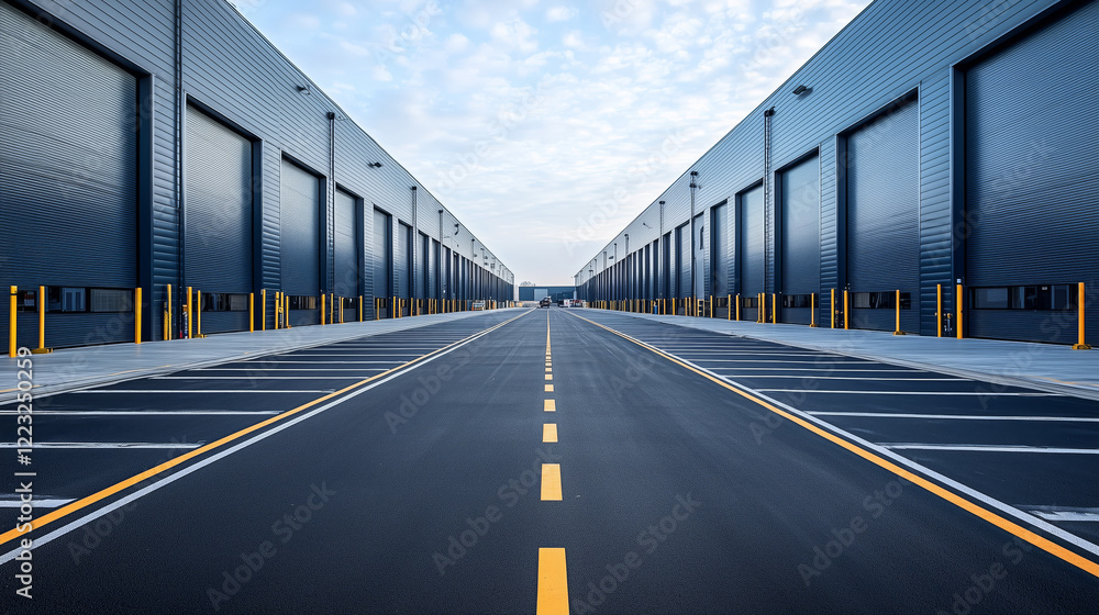Modern Industrial Warehouse Exterior with Clear Sky and Parking Area Modern Industrial Warehouse Exterior with Clear Sky and Parking Area